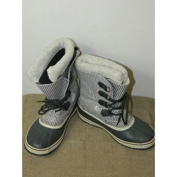 Sorel Tivoli High Snow Boots Black White Houndstooth Check Mid Calf Lined  10