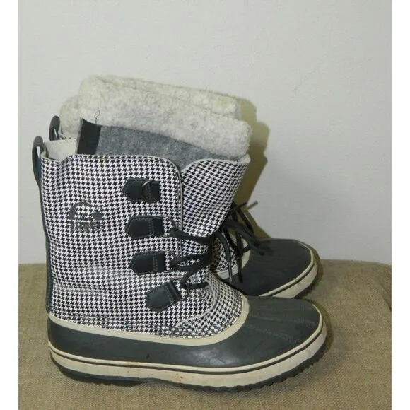 Sorel Tivoli High Snow Boots Black White Houndstooth Check Mid Calf Lined  10
