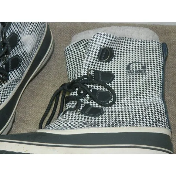 Sorel Tivoli High Snow Boots Black White Houndstooth Check Mid Calf Lined  10