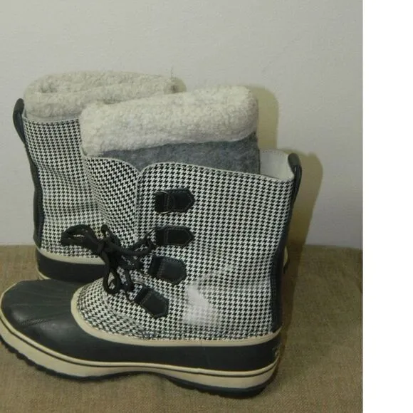 Sorel Tivoli High Snow Boots Black White Houndstooth Check Mid Calf Lined  10