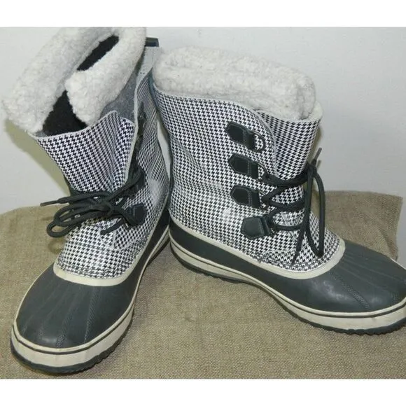 Sorel Tivoli High Snow Boots Black White Houndstooth Check Mid Calf Lined  10
