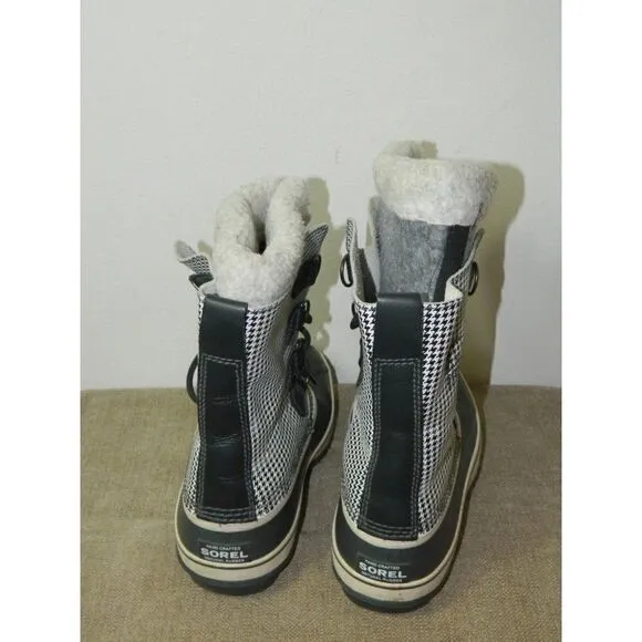 Sorel Tivoli High Snow Boots Black White Houndstooth Check Mid Calf Lined  10
