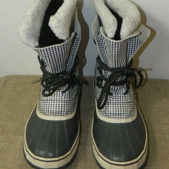 Sorel Tivoli High Snow Boots Black White Houndstooth Check Mid Calf Lined  10