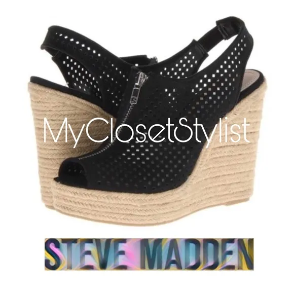 STEVE MADDEN Black Wedges Espadrilles Sandals 7.5