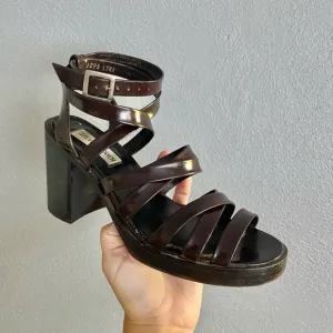 Steve Madden Heels Size 8 Sandals Chunky Y2K Leather Brown Cage Strappy