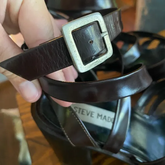 Steve Madden Heels Size 8 Sandals Chunky Y2K Leather Brown Cage Strappy