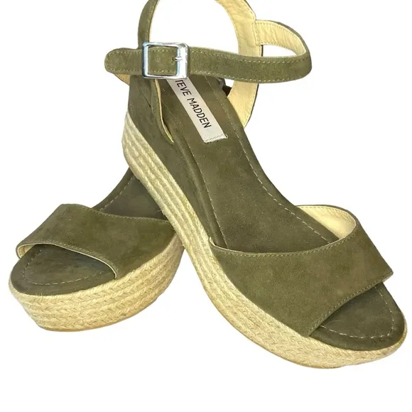 Steve Madden Kianna Espadrille Platform Olive Green Buckle Open Toe Size 7.5