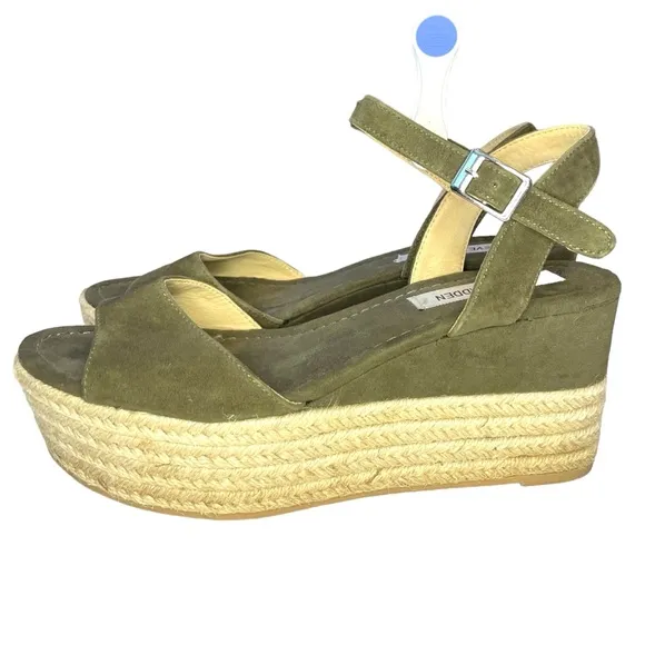 Steve Madden Kianna Espadrille Platform Olive Green Buckle Open Toe Size 7.5