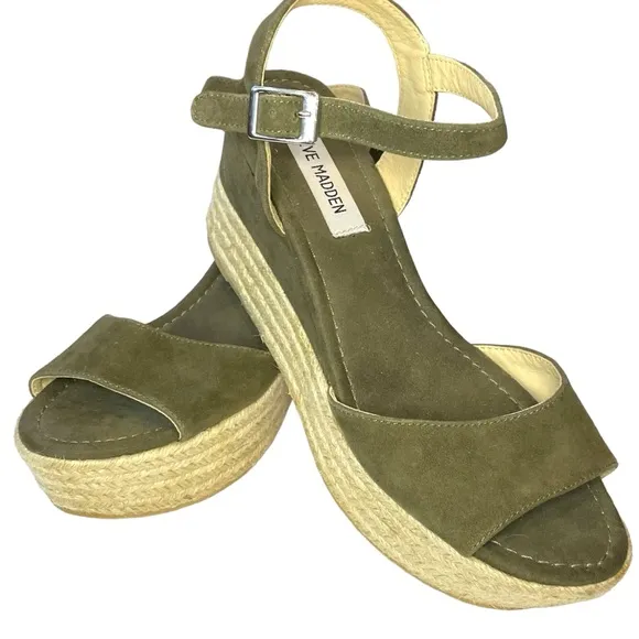 Steve Madden Kianna Espadrille Platform Olive Green Buckle Open Toe Size 7.5