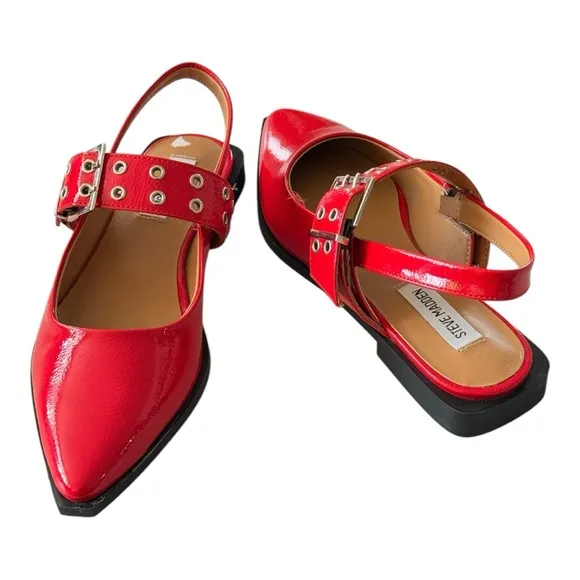 STEVE MADDEN Smokee Patent Red Buckle Flats Size 8
