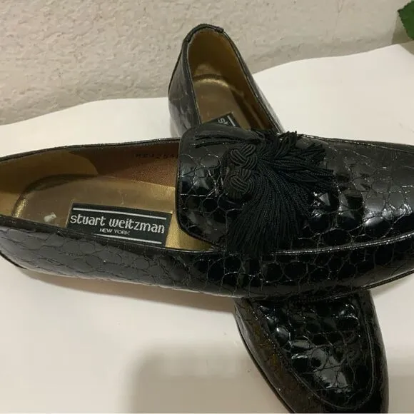 Stuart Weitzman &quot;Razmataz&quot; Black Croc Leather Tassel Dress Loafers US Wm Sz 8N