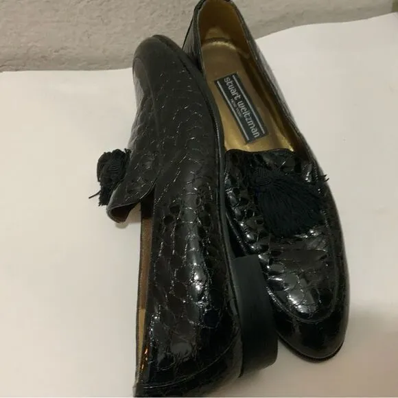 Stuart Weitzman &quot;Razmataz&quot; Black Croc Leather Tassel Dress Loafers US Wm Sz 8N