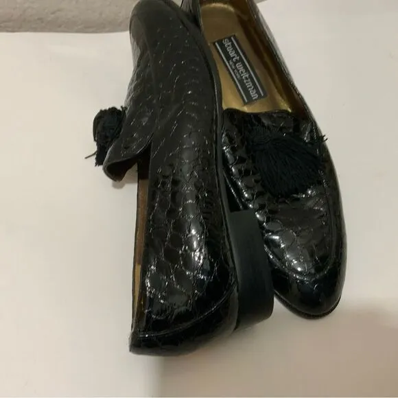 Stuart Weitzman &quot;Razmataz&quot; Black Croc Leather Tassel Dress Loafers US Wm Sz 8N