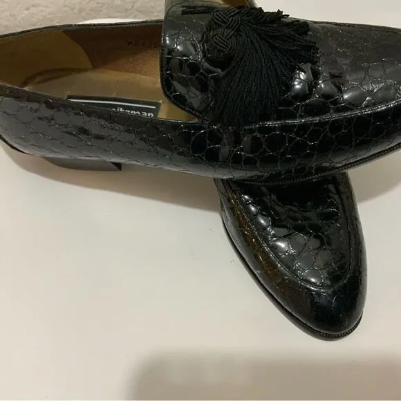 Stuart Weitzman &quot;Razmataz&quot; Black Croc Leather Tassel Dress Loafers US Wm Sz 8N