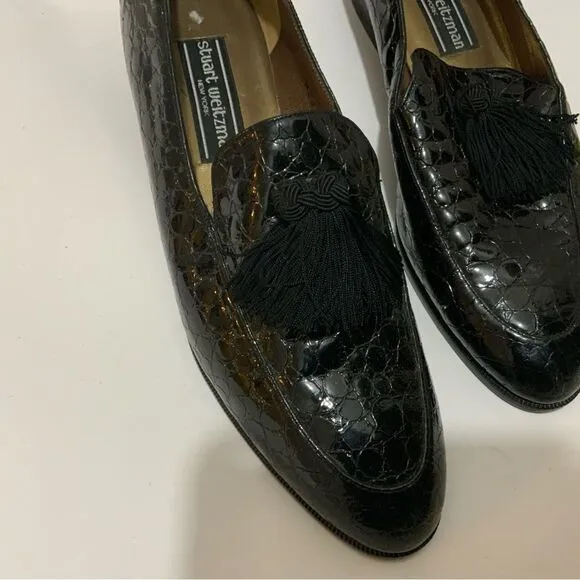 Stuart Weitzman &quot;Razmataz&quot; Black Croc Leather Tassel Dress Loafers US Wm Sz 8N