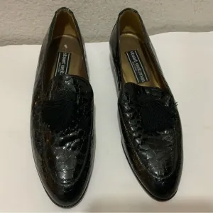 Stuart Weitzman &quot;Razmataz&quot; Black Croc Leather Tassel Dress Loafers US Wm Sz 8N