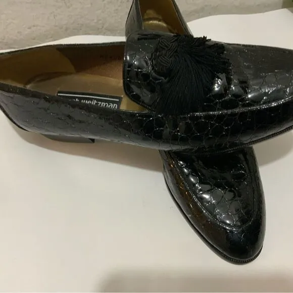 Stuart Weitzman &quot;Razmataz&quot; Black Croc Leather Tassel Dress Loafers US Wm Sz 8N