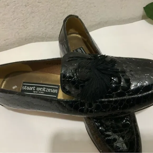 Stuart Weitzman &quot;Razmataz&quot; Black Croc Leather Tassel Dress Loafers US Wm Sz 8N