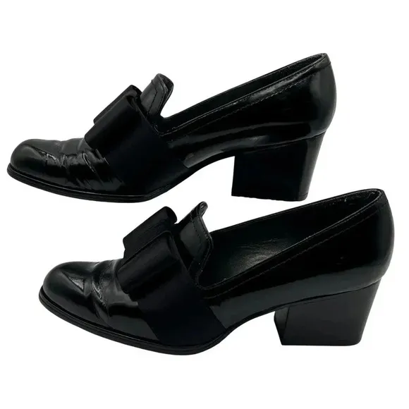 Stuart Weitzman Atabow Womens 5M Black Block Heel Loafers Bow Prairie Shoes