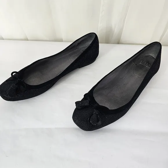 Stuart Weitzman Black Ballet Flats Textured Bow Tassel Size 7.5
