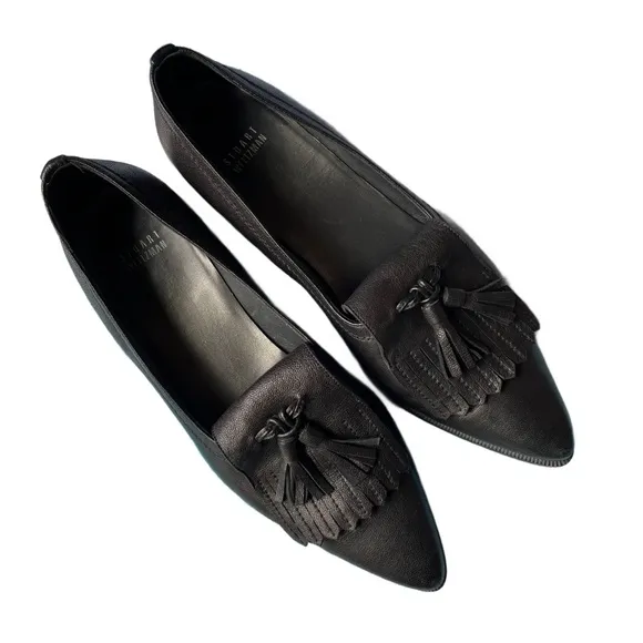 Stuart Weitzman Black Leather Avatass Pointed Toe Flat Loafer Slip On Shoe 10