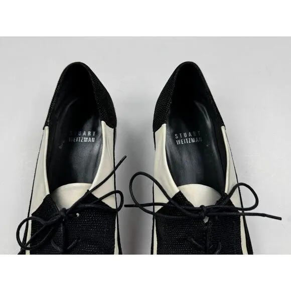 Stuart Weitzman Derbies Flats Women 7.5M Pointed Toe Lace-up Black‎ White
