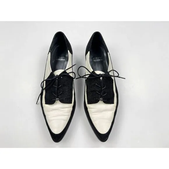 Stuart Weitzman Derbies Flats Women 7.5M Pointed Toe Lace-up Black‎ White