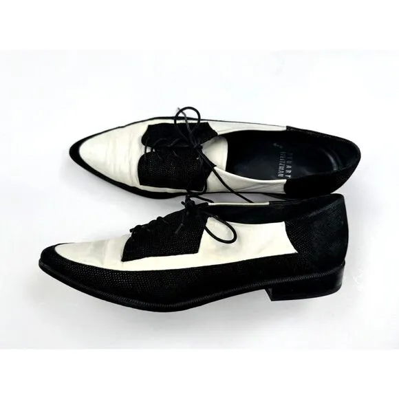 Stuart Weitzman Derbies Flats Women 7.5M Pointed Toe Lace-up Black‎ White