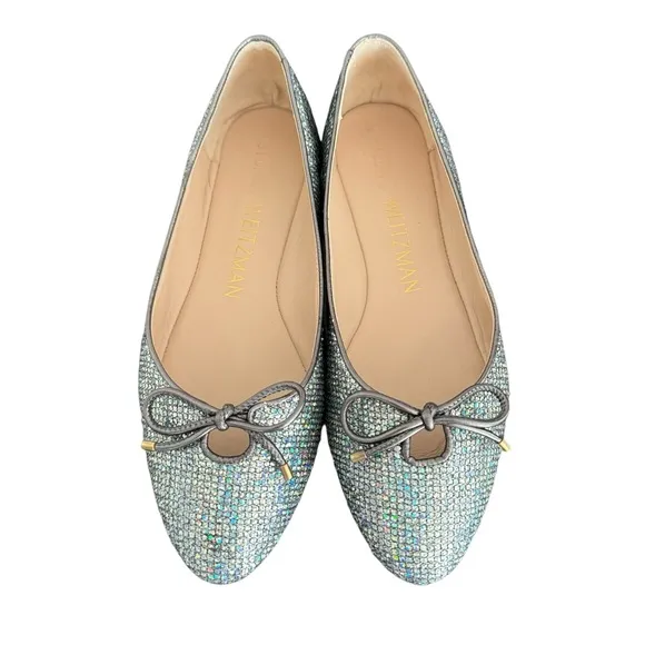 Stuart Weitzman Gabby Aurora Metallic Silver Bow Detail Ballet Flats Women’s