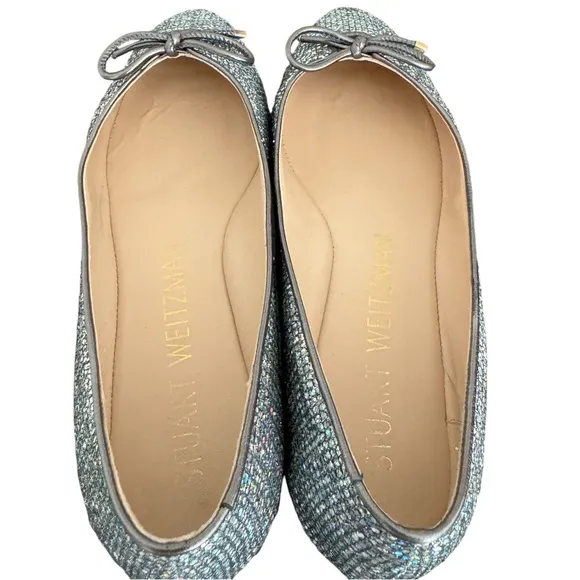 Stuart Weitzman Gabby Aurora Metallic Silver Bow Detail Ballet Flats Women’s