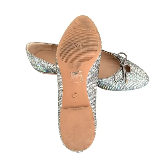 Stuart Weitzman Gabby Aurora Metallic Silver Bow Detail Ballet Flats Women’s