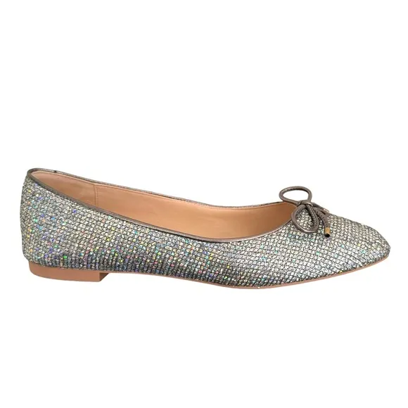 Stuart Weitzman Gabby Aurora Metallic Silver Bow Detail Ballet Flats Women’s