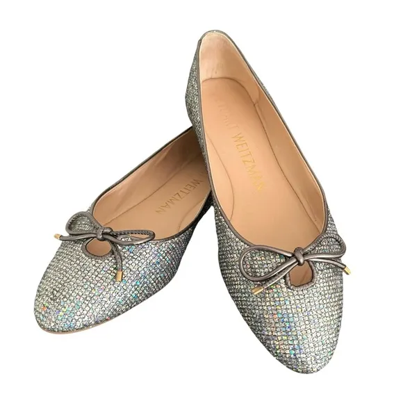 Stuart Weitzman Gabby Aurora Metallic Silver Bow Detail Ballet Flats Women’s