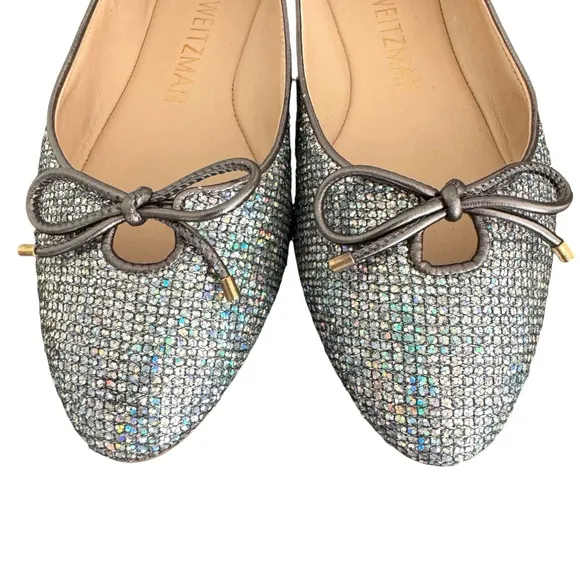 Stuart Weitzman Gabby Aurora Metallic Silver Bow Detail Ballet Flats Women’s