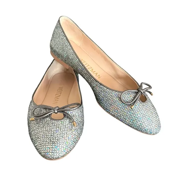 Stuart Weitzman Gabby Aurora Metallic Silver Bow Detail Ballet Flats Women’s