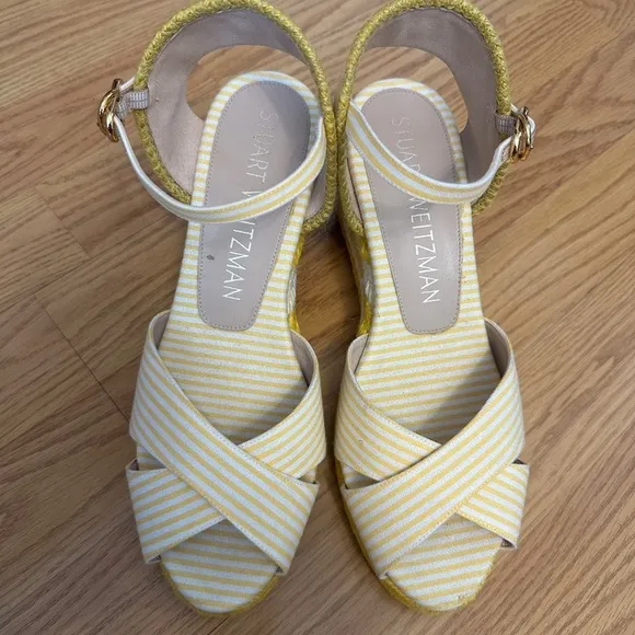 Stuart Weitzman Mirela Striped Wedge Espadrilles Yellow White Womens Size 7.5