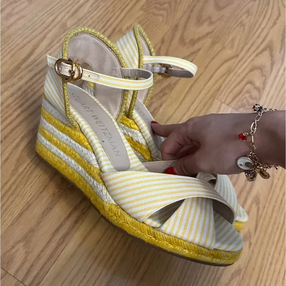 Stuart Weitzman Mirela Striped Wedge Espadrilles Yellow White Womens Size 7.5