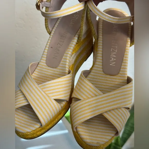 Stuart Weitzman Mirela Striped Wedge Espadrilles Yellow White Womens Size 7.5