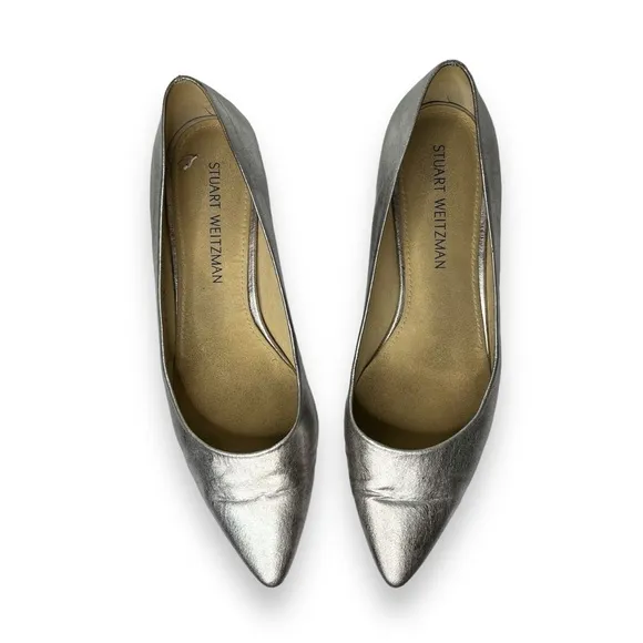 Stuart Weitzman Shirley Metallic Silver Classic Pointed Toe Slip-On Flats Shoe 9