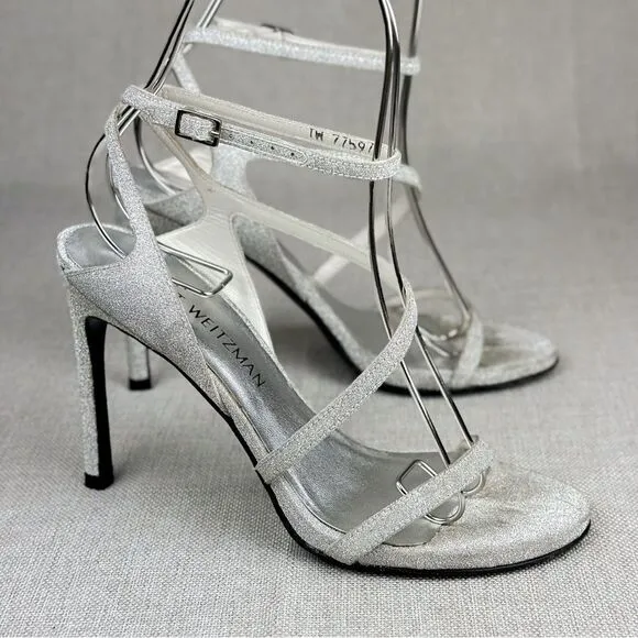 STUART WEITZMAN Sultry Plata Glitterati silver glitter slingback strappy sz 6M
