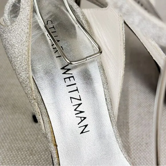 STUART WEITZMAN Sultry Plata Glitterati silver glitter slingback strappy sz 6M