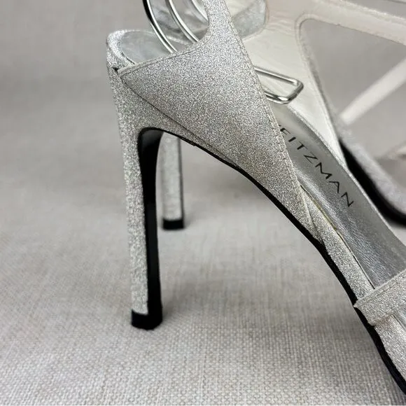 STUART WEITZMAN Sultry Plata Glitterati silver glitter slingback strappy sz 6M