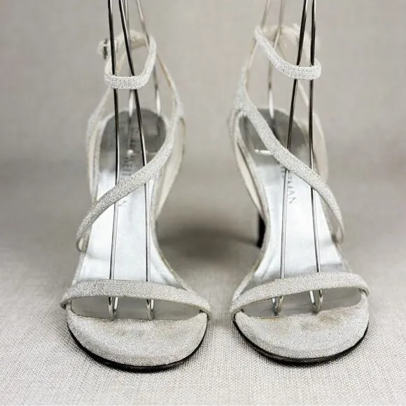 STUART WEITZMAN Sultry Plata Glitterati silver glitter slingback strappy sz 6M
