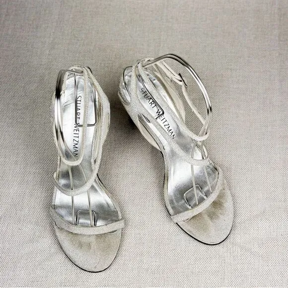 STUART WEITZMAN Sultry Plata Glitterati silver glitter slingback strappy sz 6M