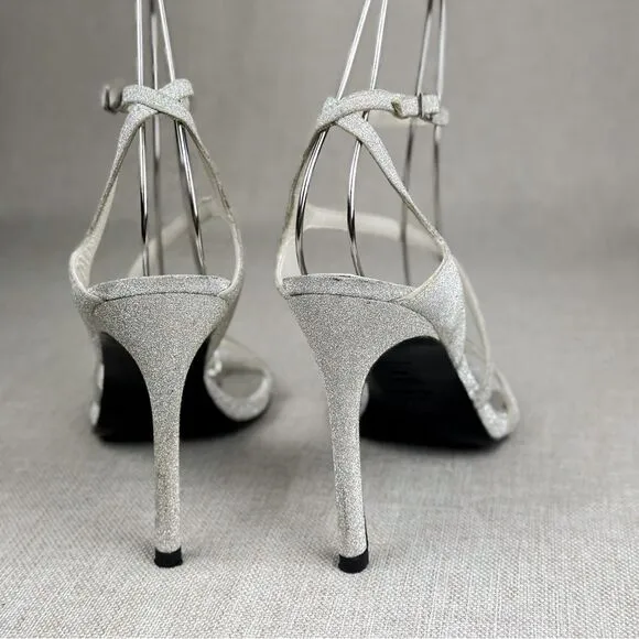 STUART WEITZMAN Sultry Plata Glitterati silver glitter slingback strappy sz 6M