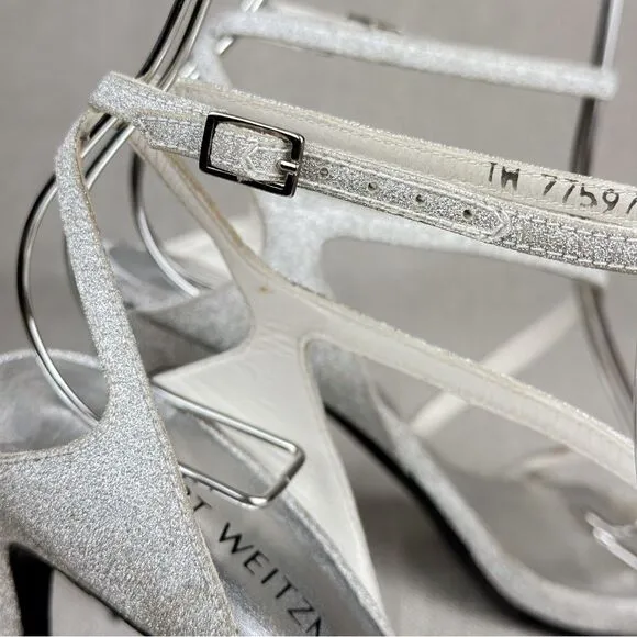 STUART WEITZMAN Sultry Plata Glitterati silver glitter slingback strappy sz 6M