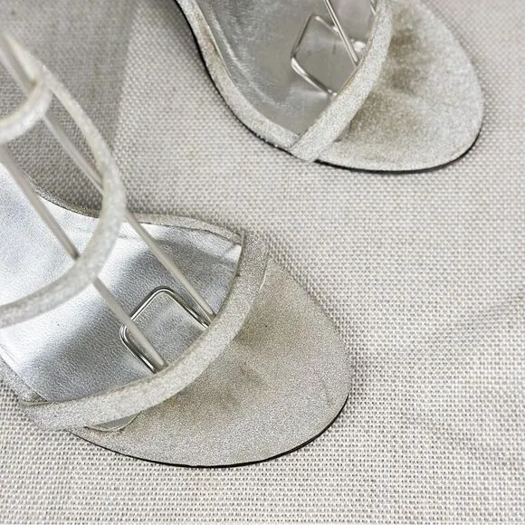 STUART WEITZMAN Sultry Plata Glitterati silver glitter slingback strappy sz 6M