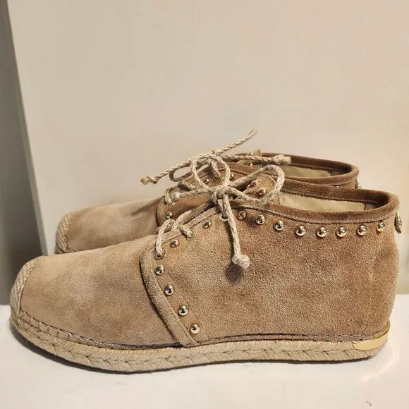 Stuart Weitzman Tan Suede Espadrille Sole Booties w/Gold Studs sz.8.5 MSRP $445