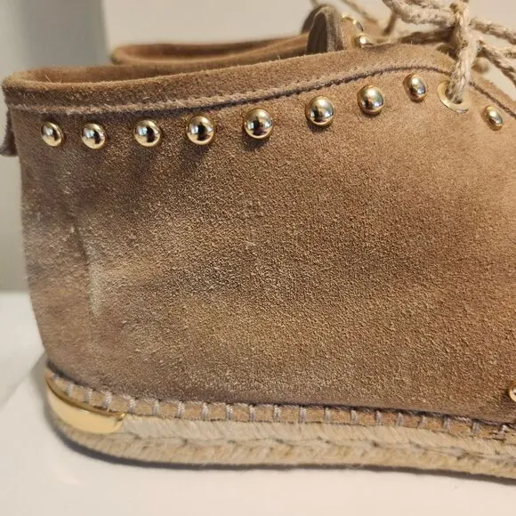Stuart Weitzman Tan Suede Espadrille Sole Booties w/Gold Studs sz.8.5 MSRP $445