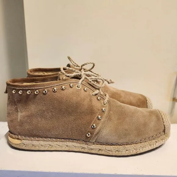 Stuart Weitzman Tan Suede Espadrille Sole Booties w/Gold Studs sz.8.5 MSRP $445